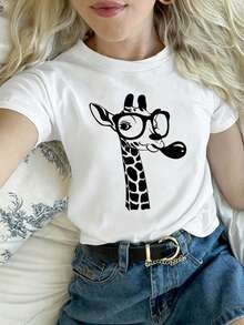 Limited Time Offer, Limited Quantities, Flash ! Women's Casual Shirts, Women's Polyester T-Shirts, Elegant Shirts. New For 2026: Women's Printed T-Shirt - Modern, Versatile, And Simple - Cartoon Giraffe Design With Glasses (Casual Style) - 白色 - 查看 1
