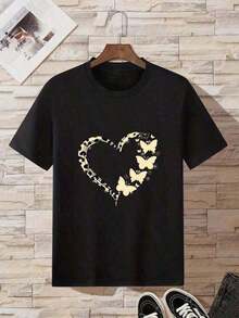 Women's Simple Casual Basic T-Shirt With Heart And Butterfly Print - Vintage Urban Style, Unisex, Cotton, Short Sleeve, Round Neck, Flash  Blouses, Pretty 100% Cotton - 黑色 - 查看 4