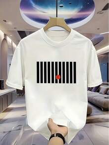 Men's 100% Cotton T-Shirt - Minimalist Short Sleeve Casual T-Shirt With Round Neck And Black And White Stripes, Breathable For All Seasons, Versatile Casual Outfit With Striped Pattern Inspired By The Torii Gate (No Gate Icon) - Ideal Gift For Tee - 白色 - 查看 5
