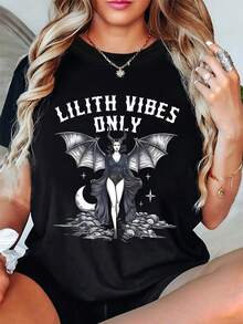 LILITH VIBES ONLY Graphic Print T-Shirt, Short Sleeve, Crew Neck, Casual Top For Summer And Spring, Women's Clothing. Women's Casual Graphic Print T-Shirt, Short Sleeve And Crew Neck, Local Urban Fashion For Spring/Summer. - 黑色 - 查看 6