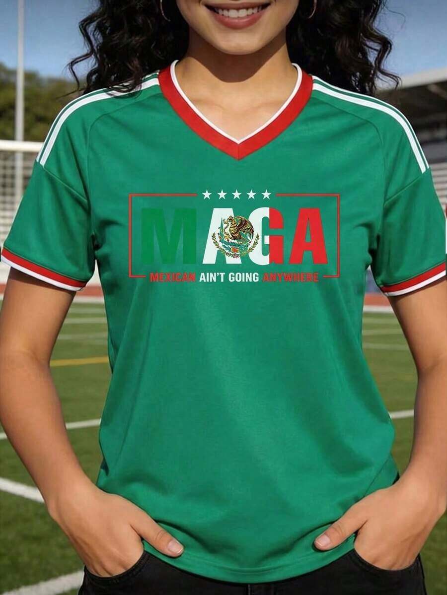 Camiseta de fútbol de México para mujer con corazón de bandera - Estilo deportivo verde de talla grande - Camiseta estampada casual versátil - Top básico de manga corta versátil - Top básico de manga corta versátil - Top básico de manga corta versátil - Top básico de manga corta versátil