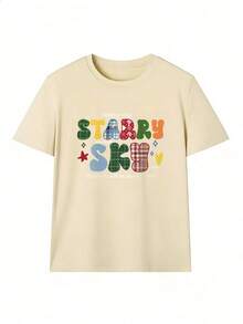 Starry Sky T-Shirt With Checkered Lettering,  Short-Sleeved T-Shirt For Spring/Summer 2026, Made In Mexico, 180 Grams. Cartoon Print, Couple Design, Suitable For Indoor Or Outdoor Wear. Crew Neck, Unisex, Ideal For The Office And Leisure. One-Pack. - APR-P631577SLNDXZGY584 - 查看 2