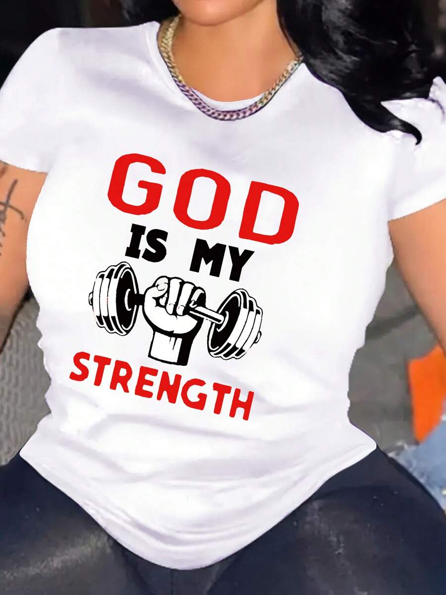 Camiseta Deportiva Casual para Mujer en Blanco con Gráfico de Pesas y Texto en Rojo y Negro - Camiseta Elástica de Cuello Redondo, Lavable aáquina, Ajuste Cómodo y Apta para Todas las Estaciones, para Amantes del Fitness. - Blanco - Ver 1