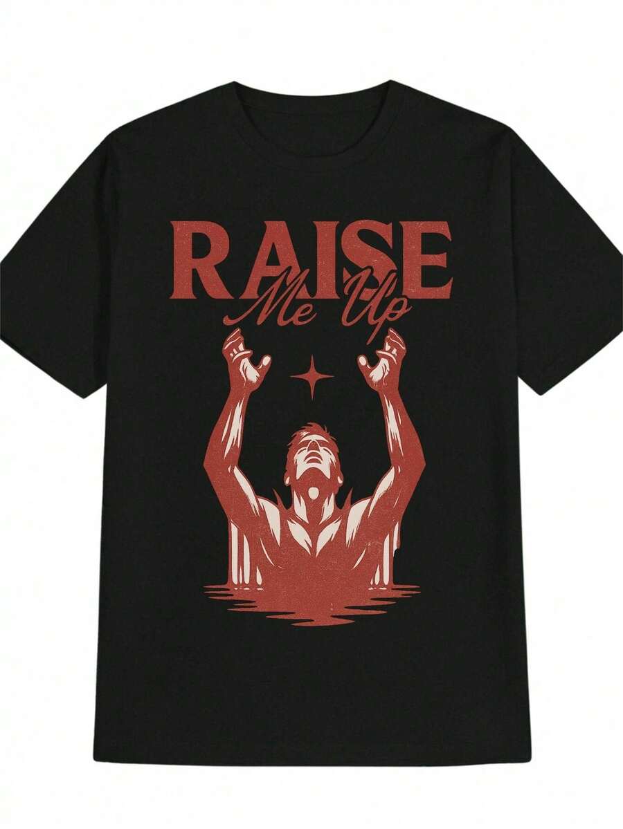 Men's T-Shirt In Black And Red With The Phrase "RAISE ME" - Soft And Breathable Fabric, Anti-Pilling Short Sleeve Design, Striking White Lettering With Contrasting Red And Black, Suitable For Casual Wear, Parties And Everyday Outfits - Summer T-Shirt For Men. - 黑色 - 查看 1