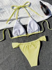 Conjunto de bikini de unicolor con concha de metal para mujer, vacaciones, playa, verano - Multicolor - Ver 4