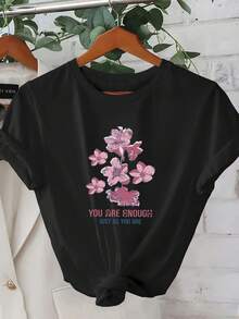 Women's Floral Design T-Shirt Promotes Emotional Comfort And Self-Support, With A Soft Style And Short Sleeves, Perfect For A Positive Mood. Women's Going-Out T-Shirts. - 黑色 - 查看 7