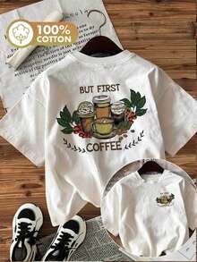 | Exquisite Design | Loose And Comfortable | Easy To Match | [Double-Sided Print] Women's Spring/Summer Vintage Style T-Shirt With "Coffee, Coffee Bean, BUT FIRST COFFEE" Print, Pure Cotton, Casual, Short Sleeve, Round Neck, Women's T-Shirt. - 白色 - 查看 7