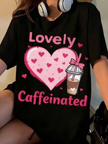 Women's T-Shirt With Coffee Cup And Heart Print, Cute Graphic Tee For Women, Valentine's Day Gift, Summer Casual Wear - 黑色 - 查看 7