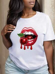 Women's T-Shirt - A Casual Summer T-Shirt For Women, Featuring A Bright Red Lip And Cherry Print - Short Sleeves, Round Neck, Machine Washable,  Spring/Summer Top, New Summer Fashion Item, Holiday Gift. - 白色 - 查看 12
