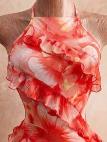 2026 Nuevo vestido de mujer con escote sexy, estampado floral y cuello halter, con diseño de volantes en el borde, estilo Y2K revival, estilo dulce y picante, look de vacaciones, para adultos jóvenes, tela transparente, ajuste ceñido, ligero.Adec - Naranja - Ver 6