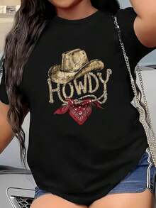 Women's Western Cowboy Style T-Shirt 'Howdy' - Retro Short Sleeve Crew Neck Top With Cowboy Hat And Rope Knot Print, Casual Ranch Style Blouse Suitable For Spring Summer, Gift For Cowboy Theme Events Y2Y-Women's Summer Clothes, Outerwear; Camis; Sweatshirts For Women 1YWR Suitable As A Gift. Women's T-Shirt. Blouses>Elegant. Boho Chic, Soft, Breathable And Comfortable Women's Top, Ideal For Spring, Summer And Autumn, Perfect For Vacation, Travel And Everyday Wear. - 黑色 - 查看 7