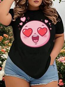 Women's T-Shirt, Heart Eyes Design T-Shirt For Women, Plus Size, Black Cotton Top With Love Face Design, Perfect For Valentine's Day And Romantic Occasions - 黑色 - 查看 1