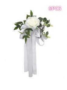12/6pcs Wedding Aisle Chair Back Flower Bouquet Decor, Rose Style Wedding Chair Decorations (With Leaves And Ribbons), Suitable For Wedding Ceremony Decoration, Church Pew Decor. Holiday Party Supplies, Party Decorations, Wedding Decorations - A - View 12