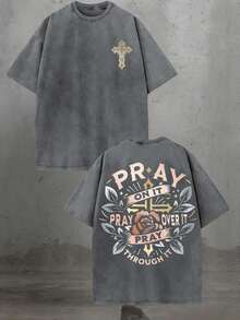Golden Cross Floral Pray On It Vintage Oversized Graphic Tee, Religious Summer Top For Unisex - 灰色 - 查看 1