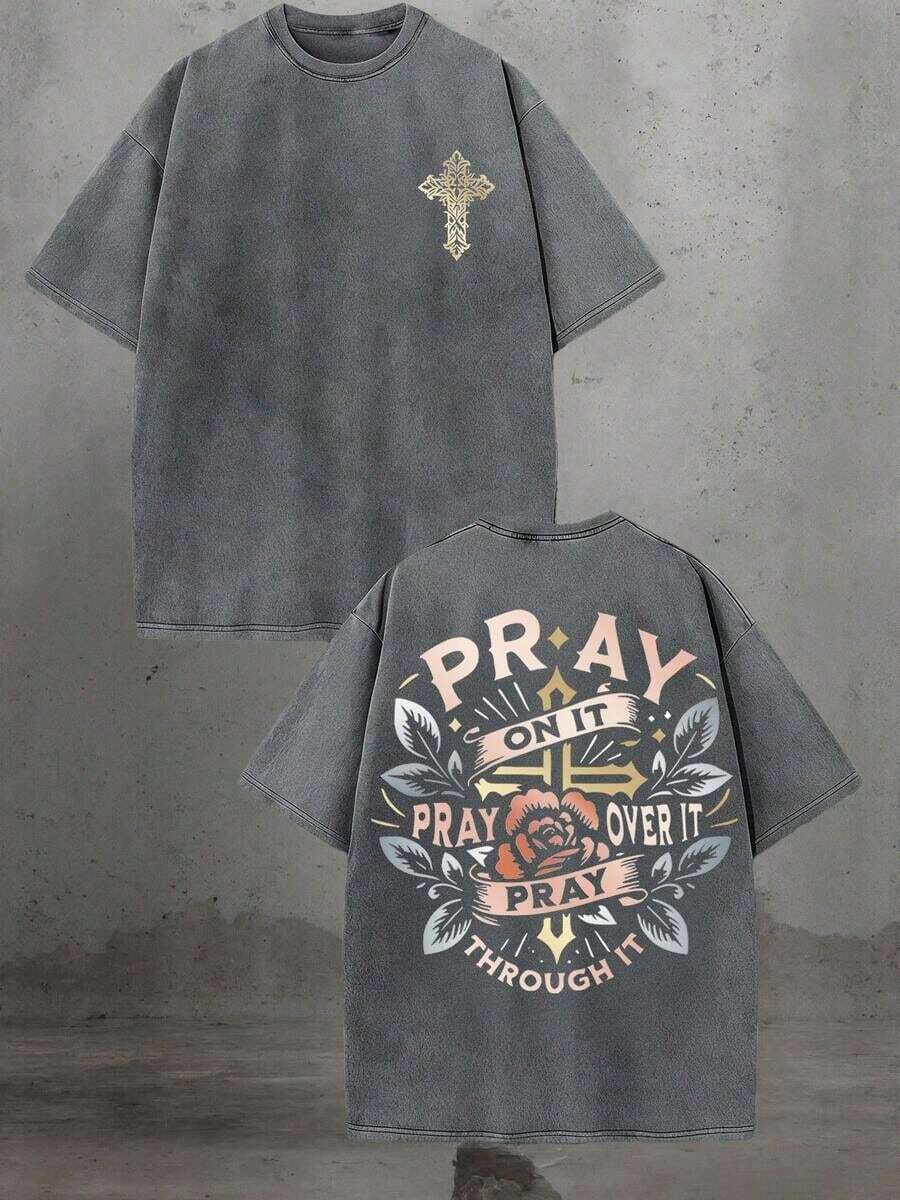 Golden Cross Floral Pray On It Vintage Oversized Graphic Tee, Religious Summer Top For Unisex - 灰色 - 查看 1