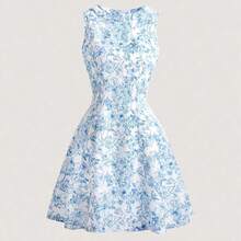 Vestido de verano de mujer francés elegante, de cuello redondo sin mangas, regular, estampado, nueva llegada - Celeste - Ver 7