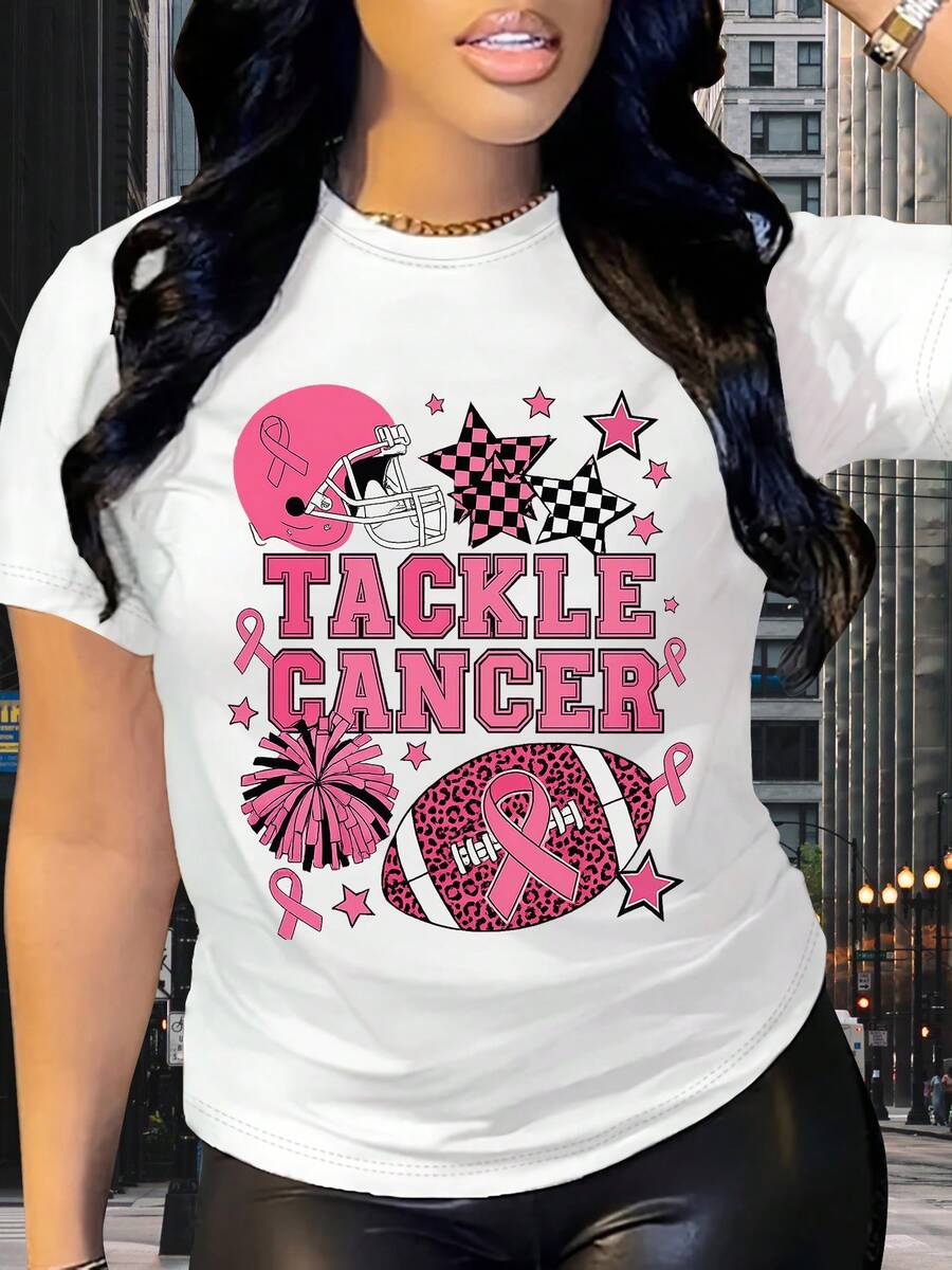 Women's Breast Cancer Awareness Rugby T-Shirt - Featuring A Slogan Design And Pink Ribbon, This Short-Sleeved Casual Loose Fit Is Perfect For Summer Wear. It's A Lightweight Rugby Print And Machine Washable Garment. - 白色 - 查看 1