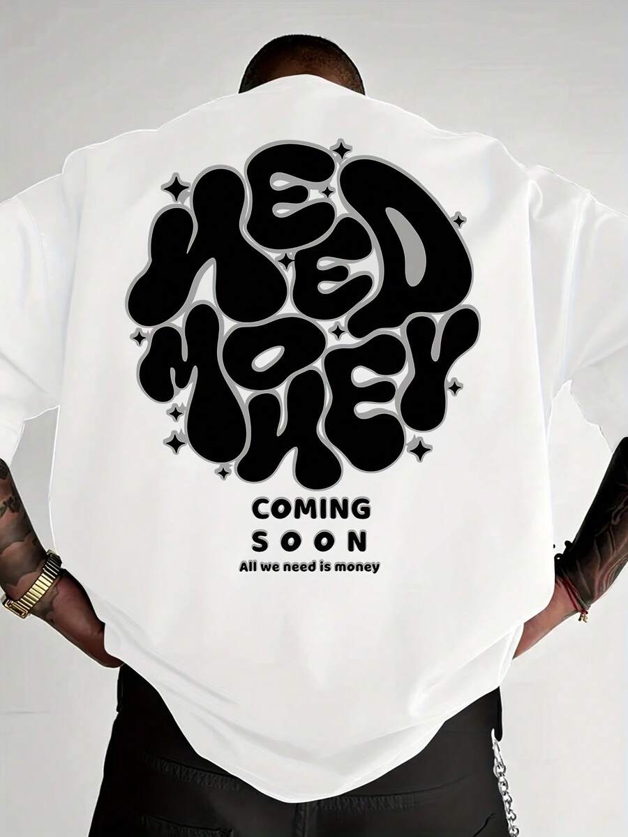 Men's 100% Cotton Letter Print T-Shirt - Casual Urban Style, Loose Fit With Dropped Shoulders, Short Sleeve T-Shirt For Men - 白色 - 查看 1