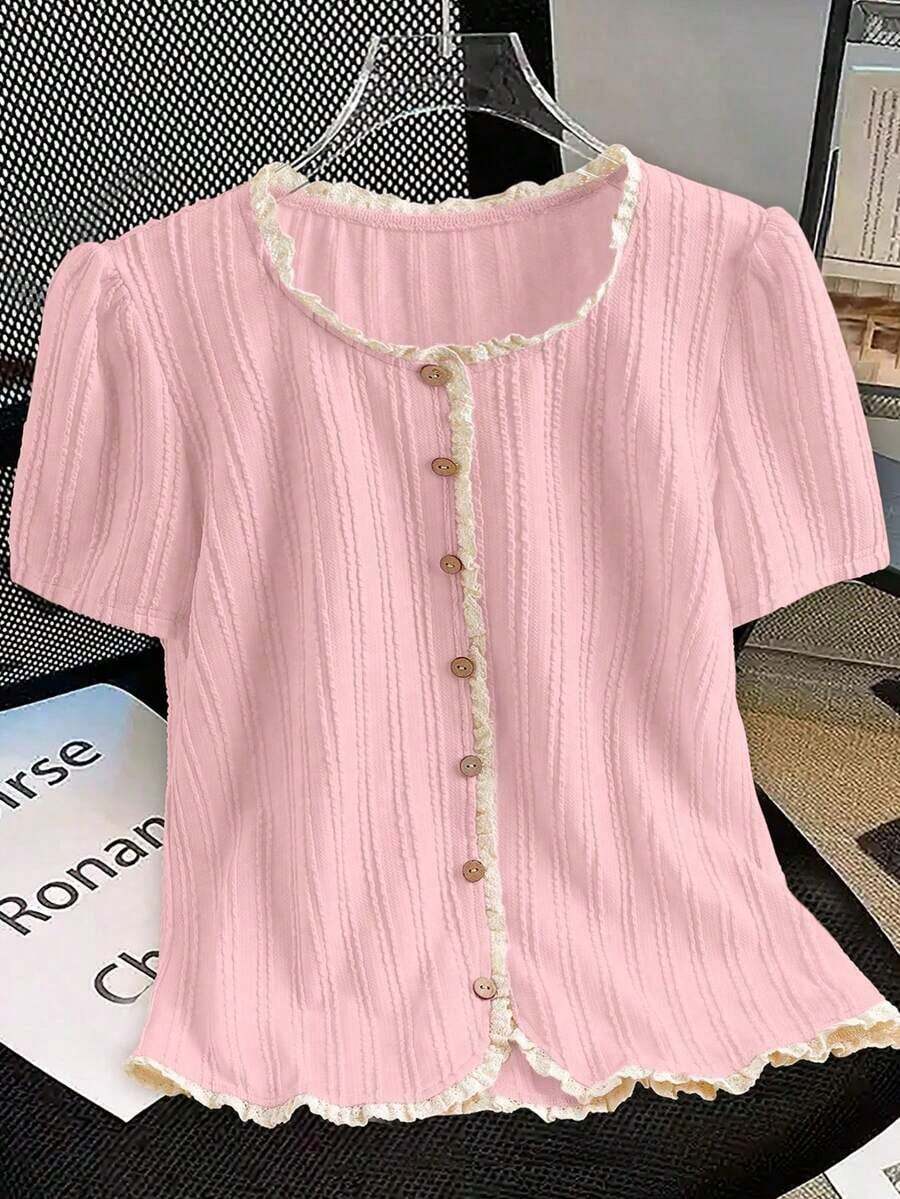 2026 Everyssa Camiseta de mujer con elegante acabado de encaje en contraste de colores, para verano - Rosa - Ver 1