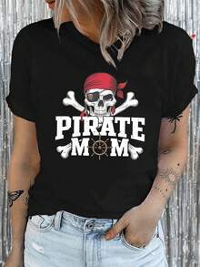 Camiseta de Mujer Estampada con Calavera Pirata Mamá Pirata y Timón,Estilo Casual y Moderno.Confort 100% algodón. - Negro - Ver 7
