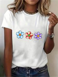 Vintage, Retro, Y2K - Women's Pure Cotton T-Shirt, Stylish Colorful Floral Design Tee, Suitable For Daily Wear, Stretch Fabric, Fashionable Women's Top, Lightweight Summer Top - Maternity, Summer, Winter - 白色 - 查看 6