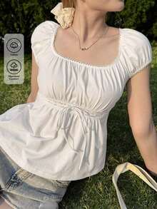 de manga corta casual y versátil con cuello cuadrado para mujer, top amarillo de verano - Blanco - Ver 3