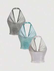 Set de 3 tops de mujer con diseño de tirantes metálicos y espalda descubierta - Multicolor - Ver 2