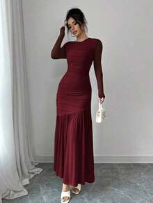 Vestido largo de manga larga con cuello redondo y malla para mujer, vestido casual de otoño.Adecuado para ropa de otoño, atuendo de regreso a clases, atuendo de maestro - Burdeos - Ver 7