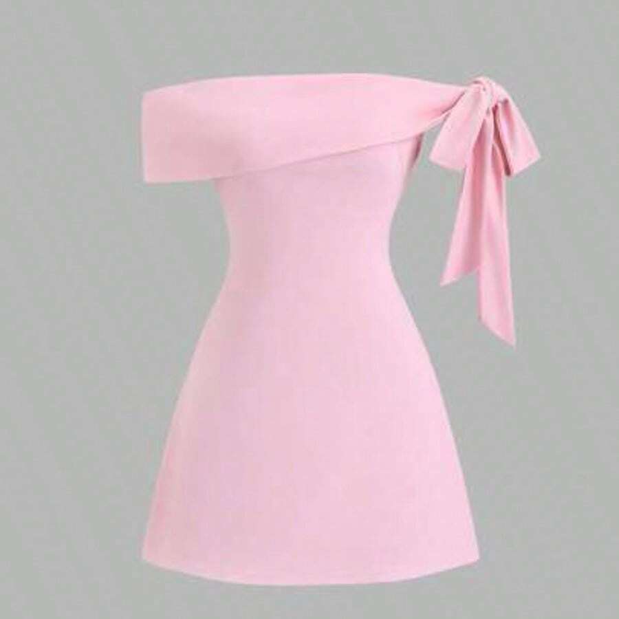 Vestido mini de línea A con cintura ajustada, hombros descubiertos, mangas con lazo asimétrico, adecuado para ir a trabajar, viajar y uso diario, primavera/verano - Rosa - Ver 1