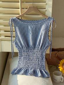 Top sin mangas de moda casual de tela escocesa con cordones para mujer, verano - Azul marino - Ver 4