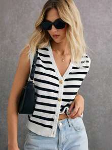 Cárdigan sin mangas casual de invierno para mujer con estampado de rayas, un esencial de estilo chic effortless - Blanco y Negro - Ver 8