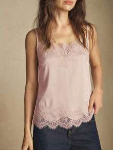 Camiseta sin mangas con ajuste de tirantes y encaje, versátil para usar en primavera/verano, adecuada para Pascua, Día de San Patricio, estilo vintage romántico de los 90, fiesta, playa, graduación, vacaciones, invitado de boda, casual, elegante - Rosa vieja - Ver 1