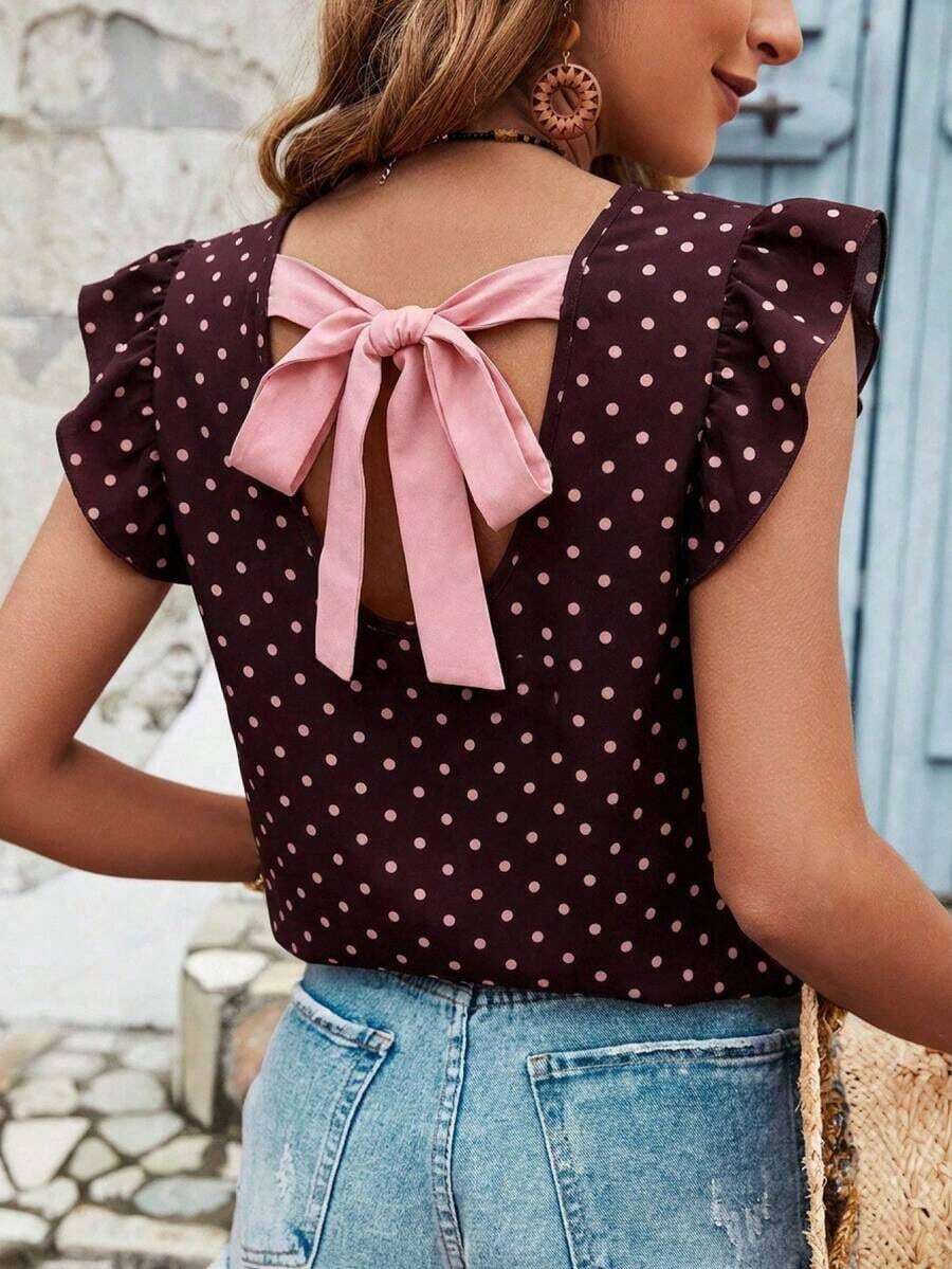 Blusa de verano para mujer con volantes y tirantes cruzados en la espalda de un solo color - Multicolor - Ver 1