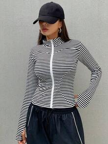 de forro polar de ajuste ceñido con cuello alto de unicolor para mujer, otoño e invierno - Blanco y Negro - Ver 6