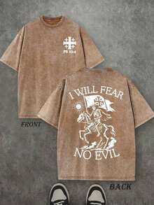 Camiseta Retro Lavada con Estampado a Doble Cara (Camiseta de 230 g de Algodón Puro) con Estampado de Letras y Patrones 'I WILL FEAR NO EVIL', Camiseta para Hombre, Casual, Cómoda, a la Moda, Estilo Urbano de Algodón - Café integral - Ver 1