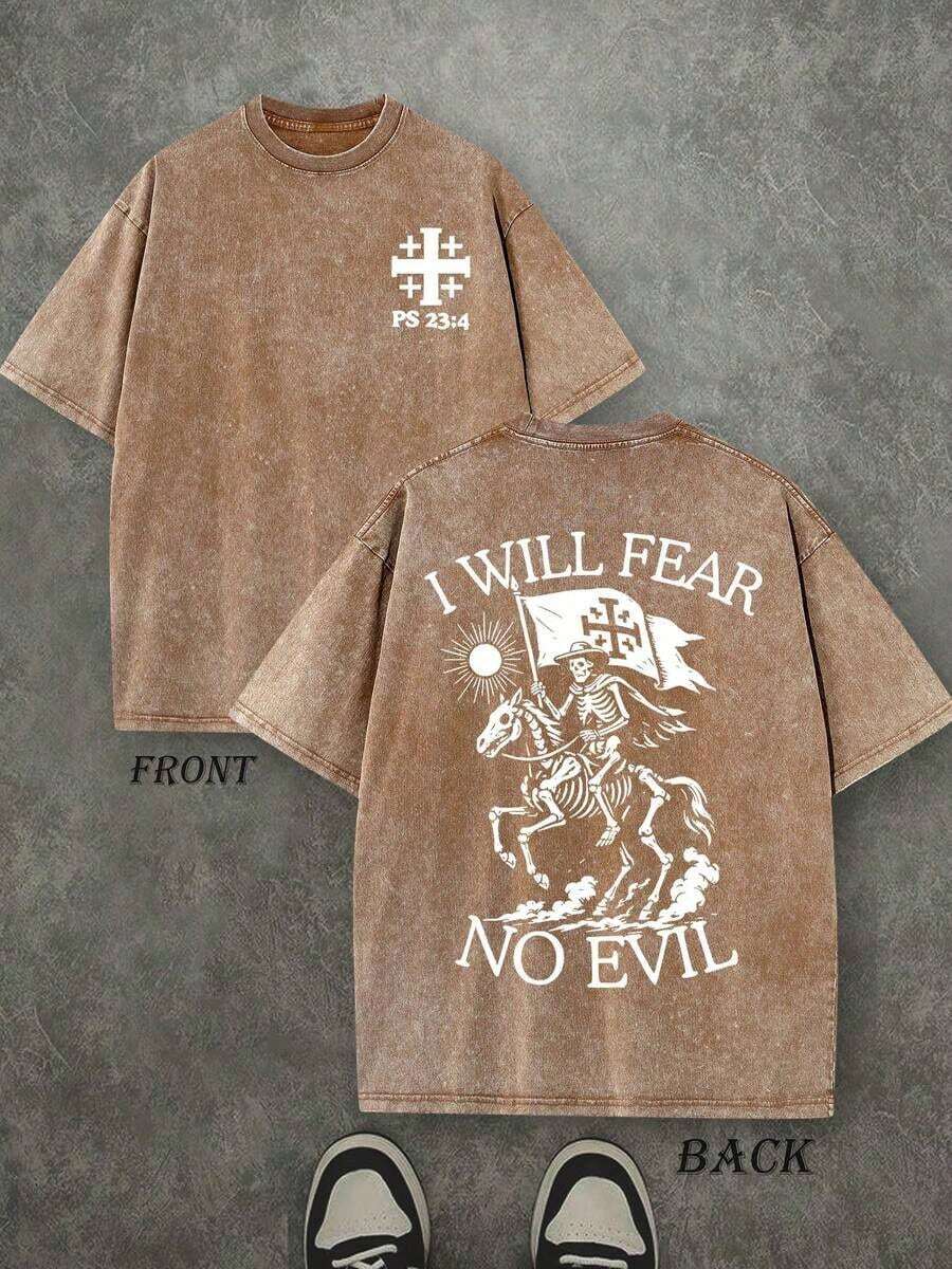 Camiseta Retro Lavada con Estampado a Doble Cara (Camiseta de 230 g de Algodón Puro) con Estampado de Letras y Patrones 'I WILL FEAR NO EVIL', Camiseta para Hombre, Casual, Cómoda, a la Moda, Estilo Urbano de Algodón - Café integral - Ver 1