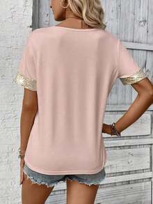 LUNE Camiseta de mujer casual de manga corta con cuello en V, parches y lentejuelas - Rosa - Ver 2