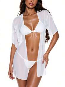 Swim  Kimono largo informal para cubrir con mangas murciélago de unicolor para mujer en vacaciones - Blanco - Ver 3