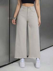 Pantalones vaqueros de pierna ancha con borde deshilachado para mujer, ideales para primavera-verano al aire libre - Gris - Ver 1