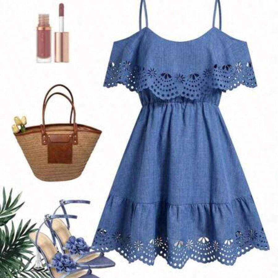 Vestido elegante de moda nuevo para mujeres con escote en el hombro, borde alto y cintura favorecedora, mini vestido ideal para vacaciones, salidas casuales, fiestas, meriendas y talla grande ocasiones de verano - Celeste - Ver 1