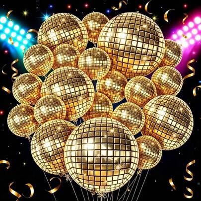 5/10/20pcs Gold Disco Ball Balloons - 22/18/10 Inch, 4D Sphere Disco Balloons, Suitable For Disco Party Decor | 70s Party Decor, Disco Decoration | Mamma Mia Party And Father's Day Event Decoration