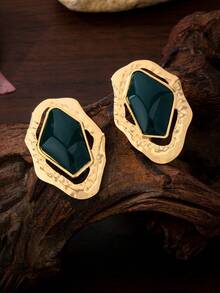 1 Pair Asymmetrical Geometric Shape Stud Earrings, Classic Textured Versatile Daily Wear - Burgundy - View 5