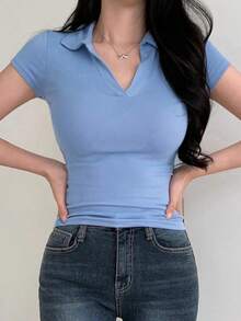 Playera de polo de mujer de verano casual de unicolor y ajuste estrecho - Azul - Ver 9
