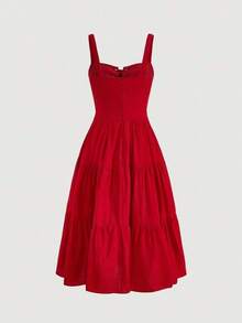 MOD Vestido de tirantes unicolor con cordón bajo con fruncido - Rojo - Ver 2
