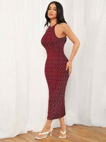 Vestido ajustado de cuello halter con estampado floral - Rojo - Ver 3