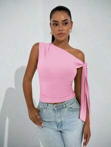 Elegante blusa de mujer con hombros asimétricos y cuello con lazo, adecuada para citas casuales, fiestas nocturnas, uso diario, otoño - Rosa Pálido - Ver 6