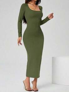 Vestido largo de manga larga con cuello cuadrado color negro sólido ajustado, vestido elegante de manga larga para mujer con cuello cuadrado, ajuste ceñido, manga recta, liso, para uso diario casual en primavera/otoño - Verde militar - Ver 1