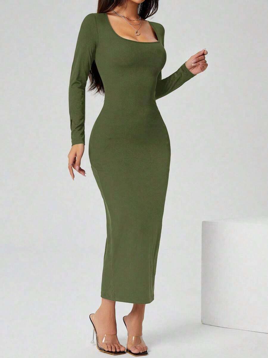 Vestido largo de manga larga con cuello cuadrado color negro sólido ajustado, vestido elegante de manga larga para mujer con cuello cuadrado, ajuste ceñido, manga recta, liso, para uso diario casual en primavera/otoño - Verde militar - Ver 1