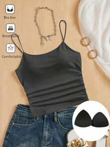 Camiseta ajustada con cuello redondo, almohadilla en el pecho y transpirable.Camisola básica para mujer sin sujetador - Gris Oscuro - Ver 7