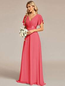 Vestido de dama de honor con cuello en V elegante, mangas con volantes y mariposa, color verde salvia, vestido de invitada de boda, vestido de primavera semi-formal para boda, fiesta de cumpleaños, graduación, Día de San Valentín - Rosado Sandía - Ver 3